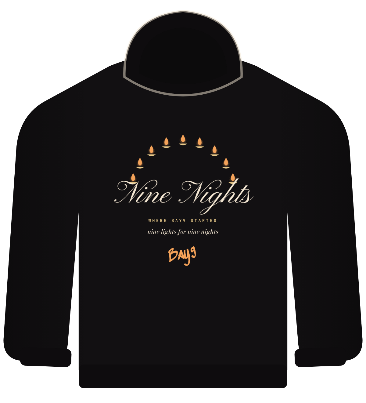 Nine Nights hoodie, black, nine small lamps in an arc over script text