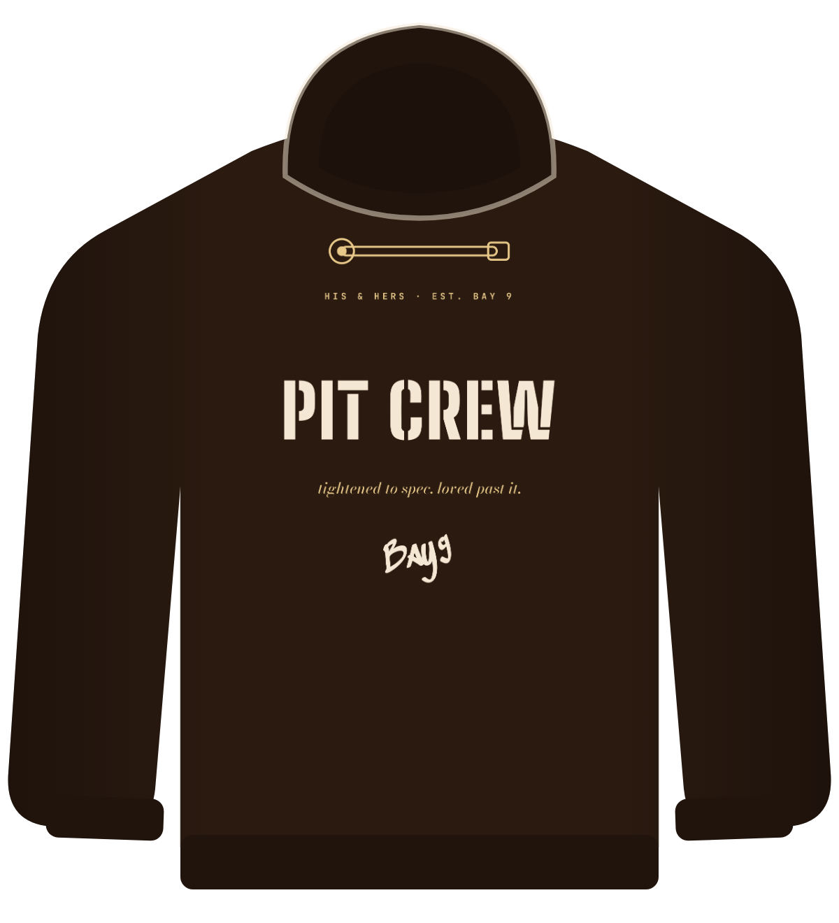 Pit Crew hoodie, espresso, stencil PIT CREW with wrench line