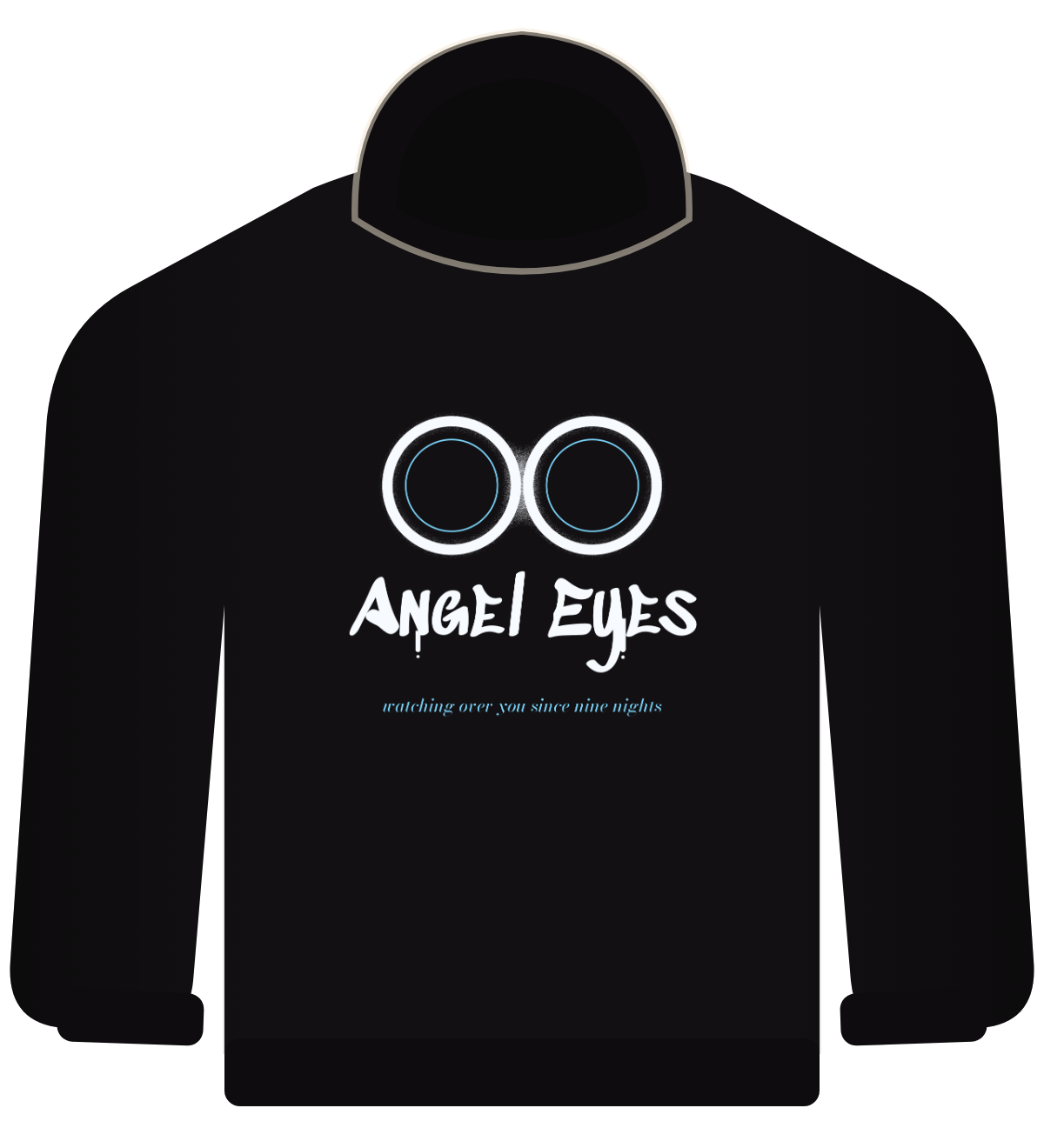 Angel Eyes hoodie, black, two white rings with graffiti text