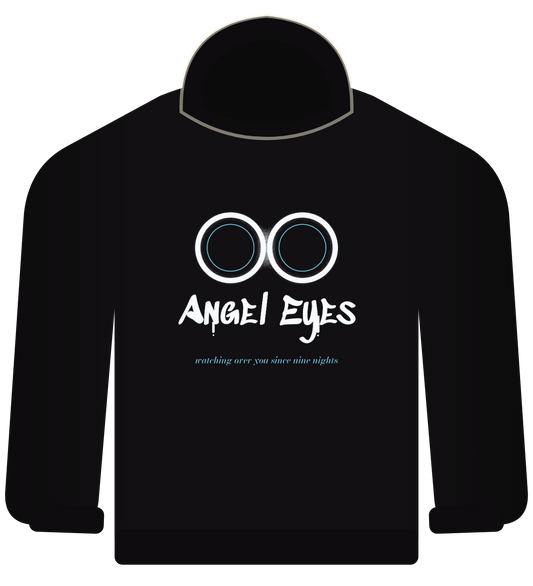 Angel Eyes hoodie, black, two white rings with graffiti text