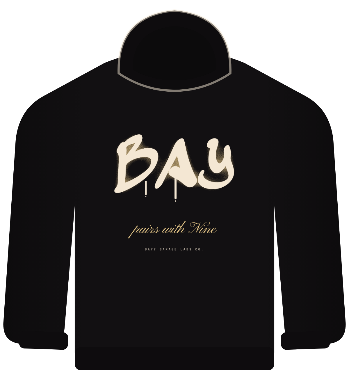BAY hoodie, black, graffiti BAY with drips and pairs with Nine script