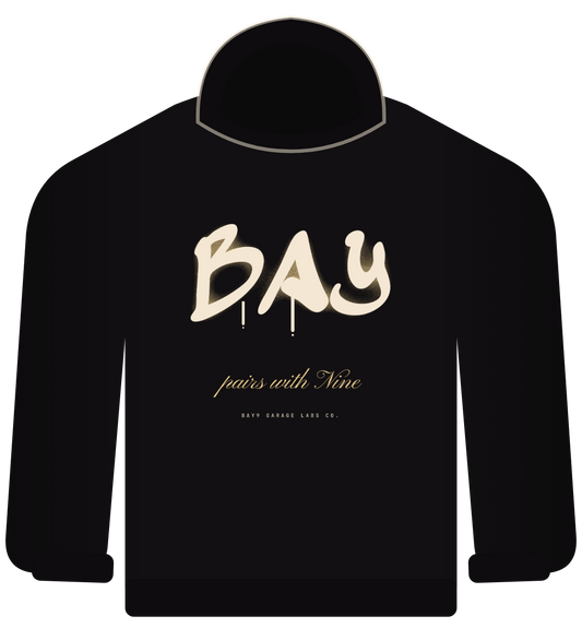 BAY hoodie, black, graffiti BAY with drips and pairs with Nine script