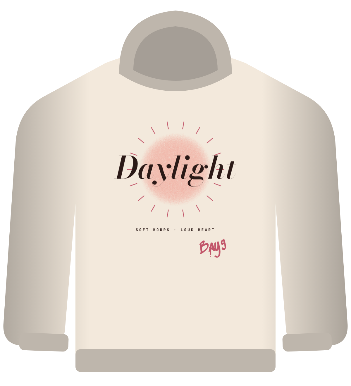 Daylight hoodie, cream, italic Daylight over a rose sprayed sun