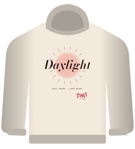 Daylight hoodie, cream, italic Daylight over a rose sprayed sun