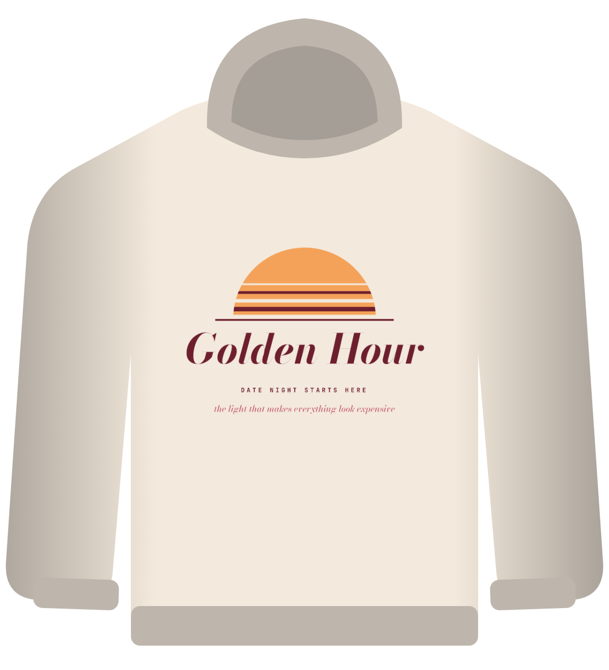 Golden Hour hoodie, cream, striped amber sunset with burgundy serif text