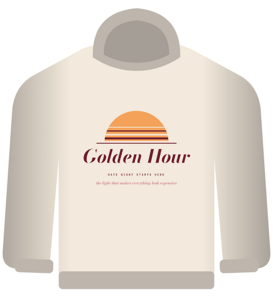 Golden Hour hoodie, cream, striped amber sunset with burgundy serif text