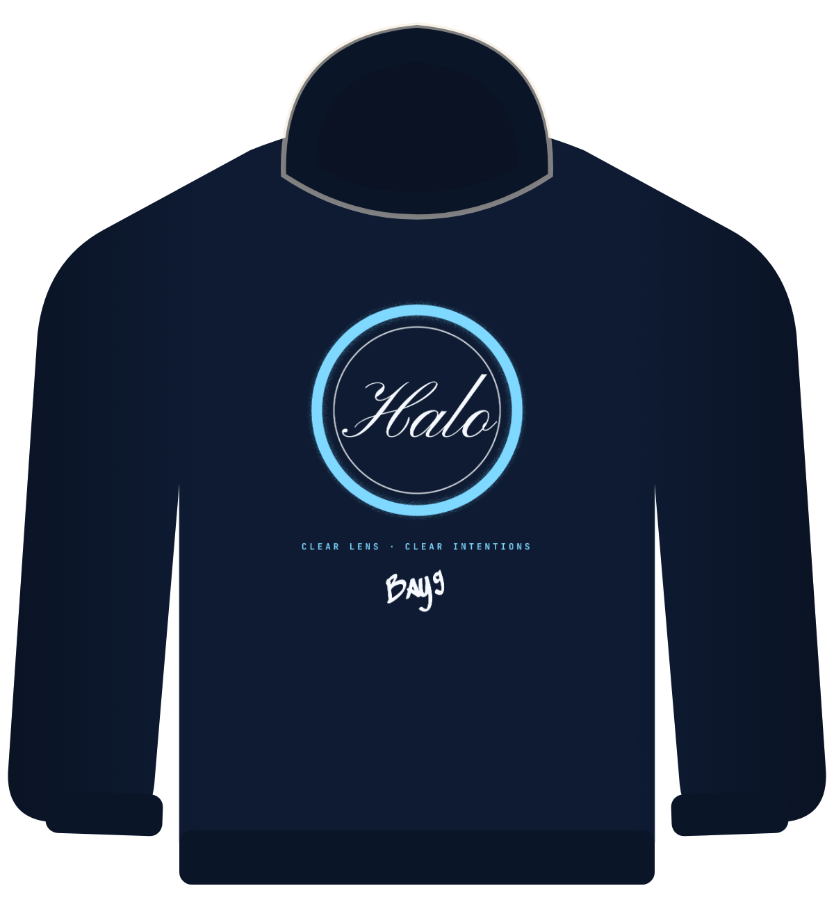 Halo hoodie, navy, ice blue ring with Halo script