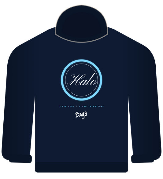 Halo hoodie, navy, ice blue ring with Halo script