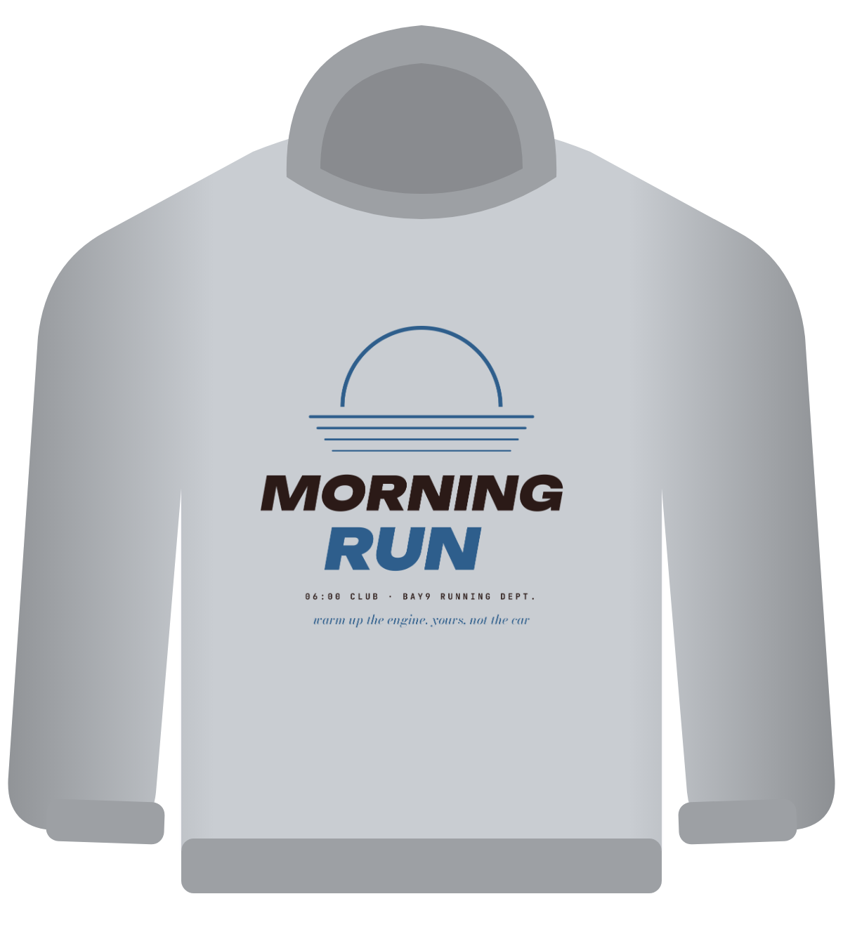 Morning Run hoodie, heather grey, sunrise line and bold MORNING RUN type