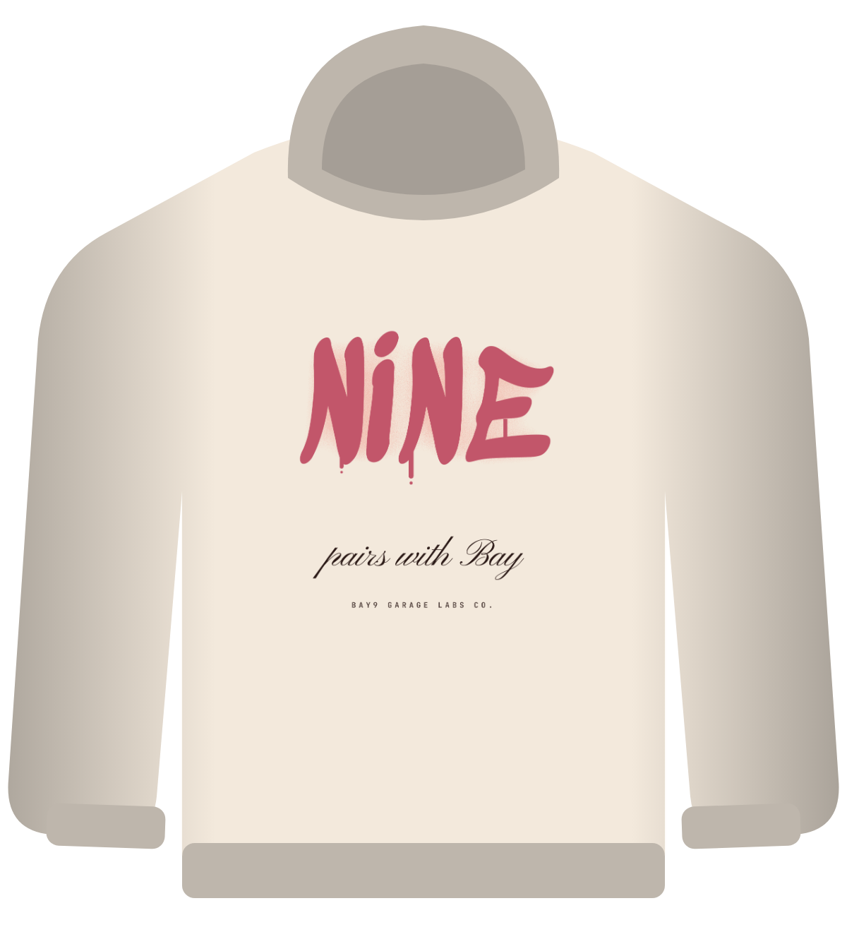 NINE hoodie, cream, rose graffiti NINE with drips and pairs with Bay script