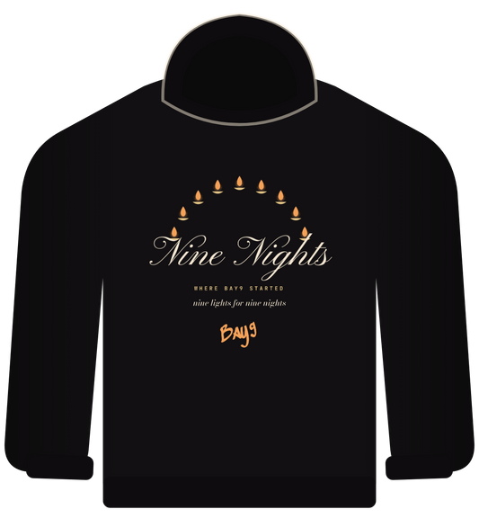 Nine Nights hoodie, black, nine small lamps in an arc over script text