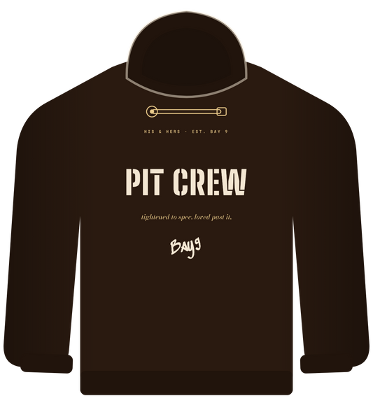 Pit Crew hoodie, espresso, stencil PIT CREW with wrench line