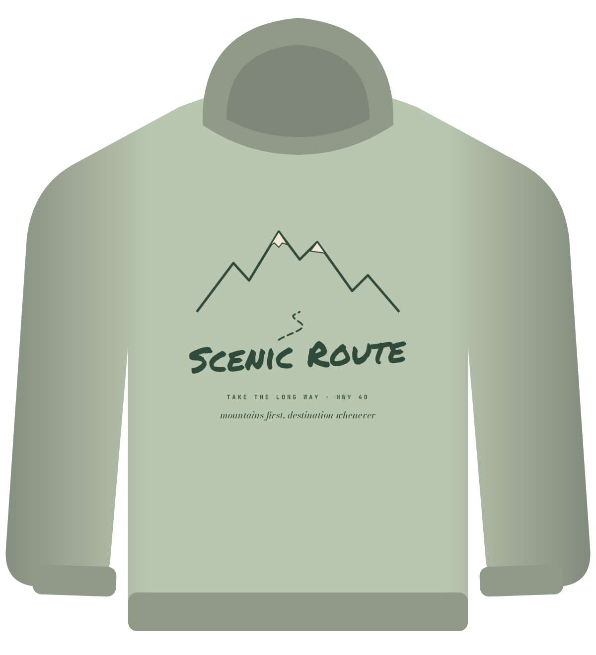 Scenic Route hoodie, sage, mountain line art and marker lettering