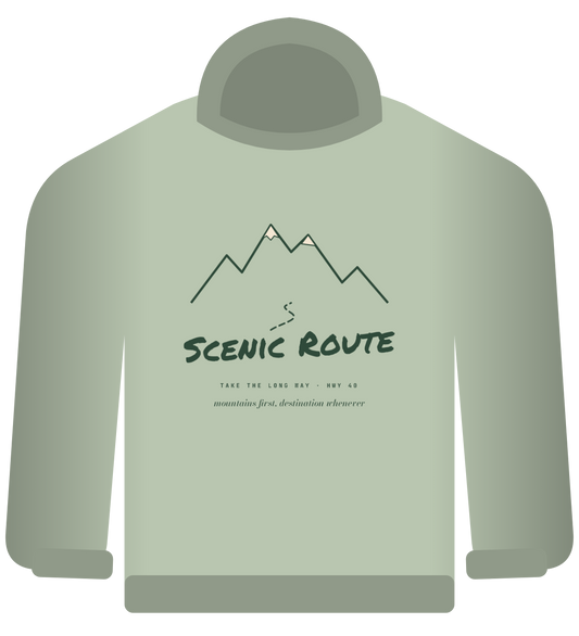 Scenic Route hoodie, sage, mountain line art and marker lettering