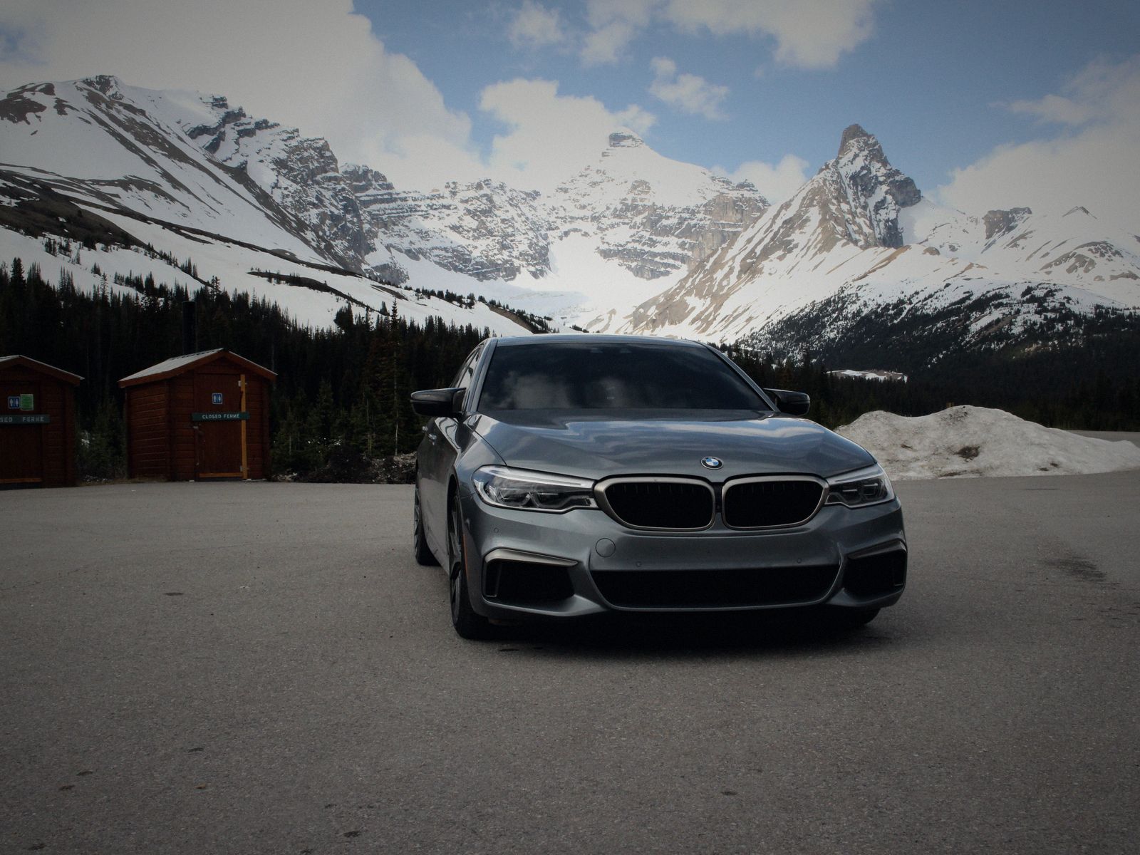 Space grey sedan parked in a pine forest near Jasper